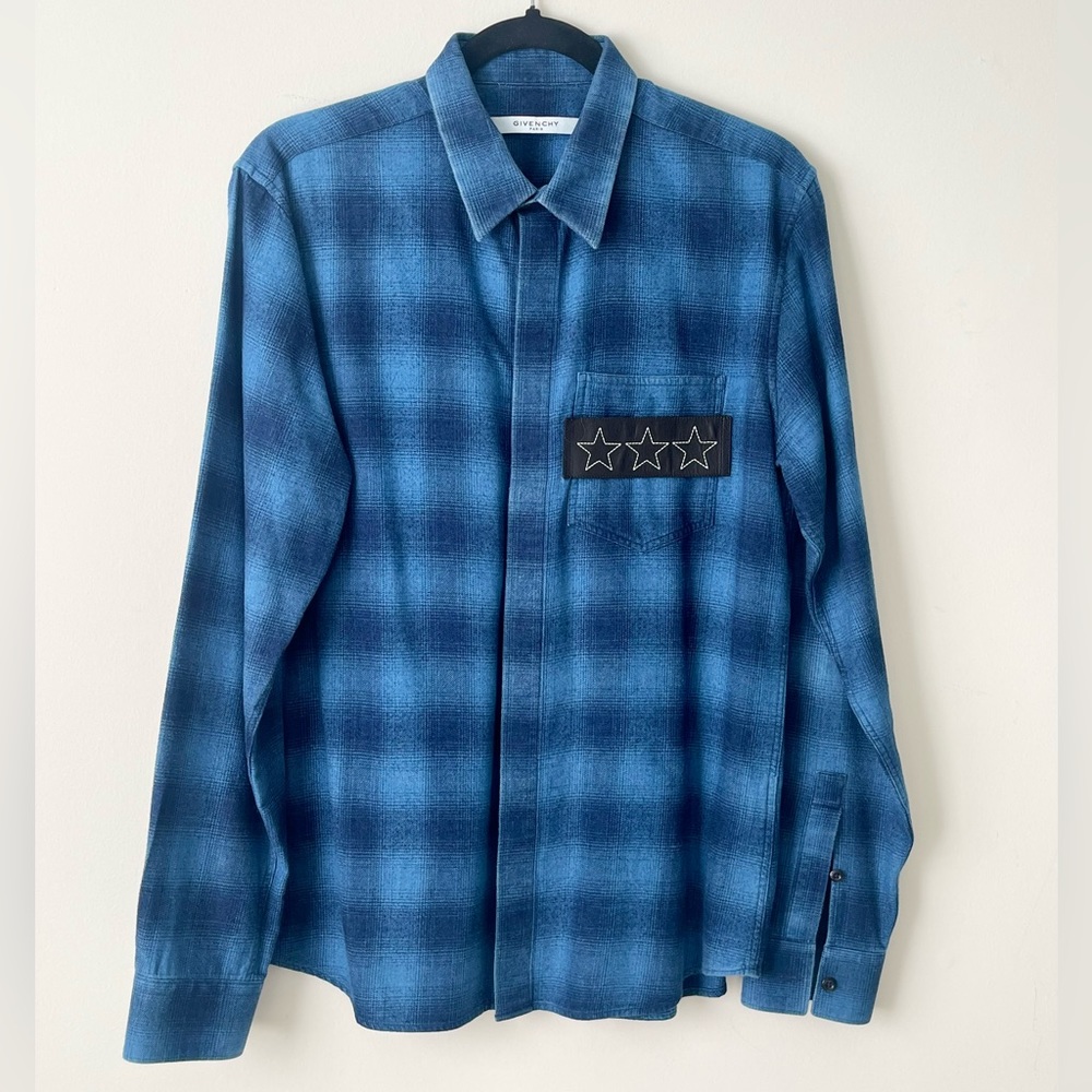GIVENCHY Navy Blue Plaid Flannel Stars Patch Long Sleeve with Leather Strap